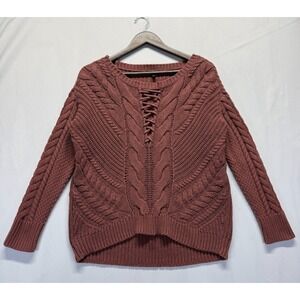 Express Sweater Womens XS Dusty Rose Cable Knit Ribbed Round Neck Lace Up Detail